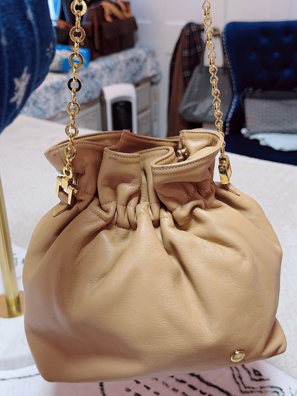 Soft Ruched Mini Shoulder Bag in Tan with Gold Chain Valentino R